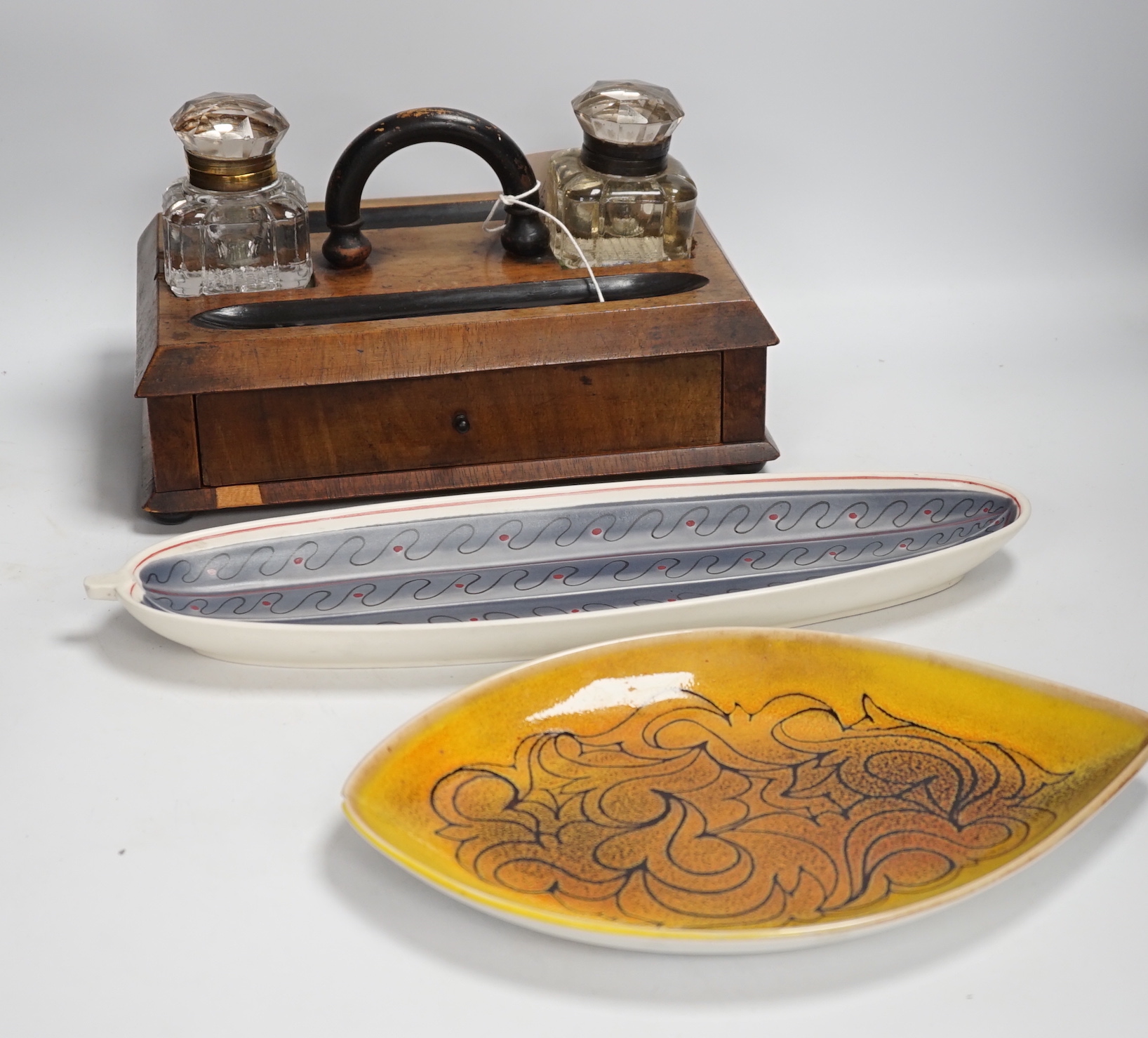 A Victorian desk-stand and two 1960's Poole dishes, largest 41cm